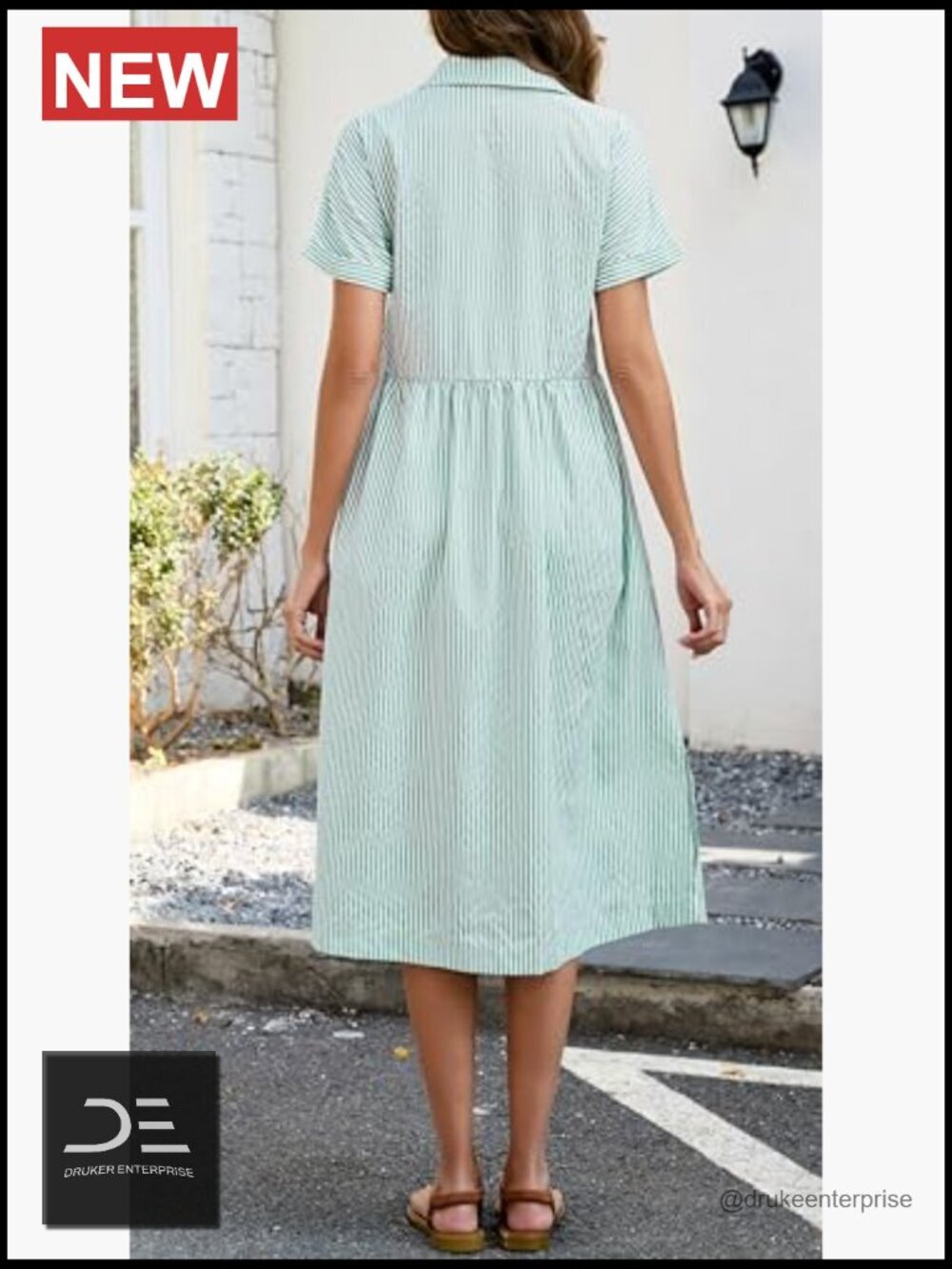 Striped Midi Shirt Dress Short Sleeve Button Down Side Slit Casual Beach - Picture 3 of 7